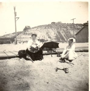 Frances Gillis and Mrs. Maddington on the beach at Playa Del Rey